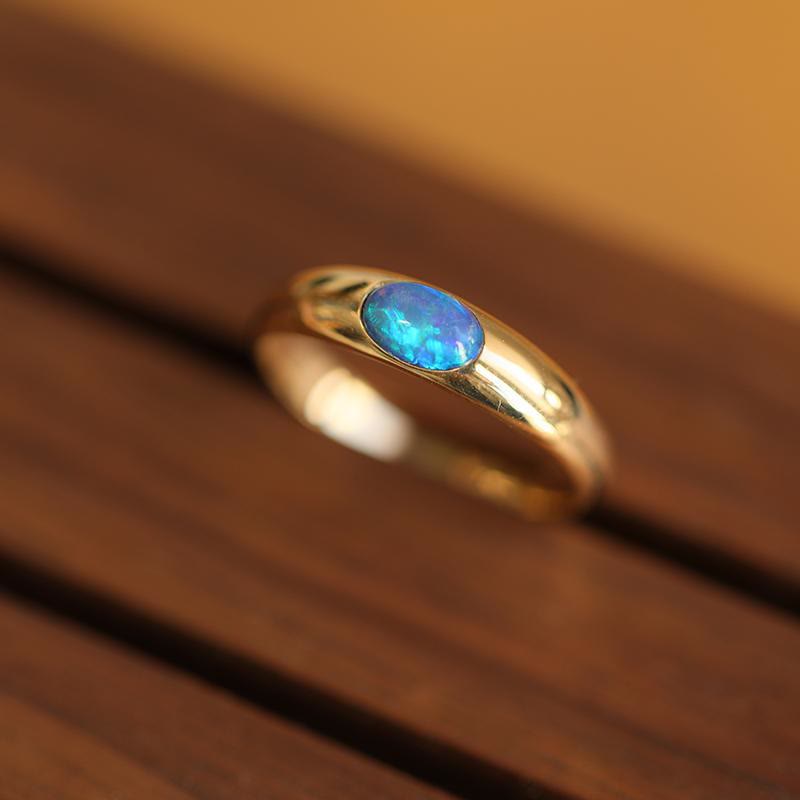 Olivenorma Oval Blue Opal Simple Retro Golden Ring