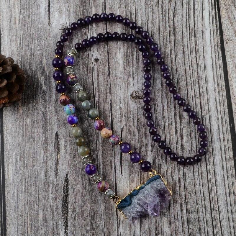 Olivenorma Rainbow Fluorite Amethyst Emperor Labradorite Mala Beaded Necklace