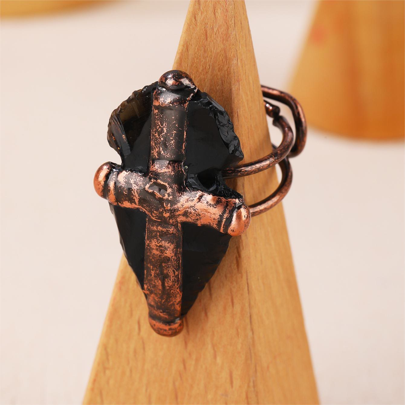 Olivenorma Natural Obsidian Shield Cross Shape Ring