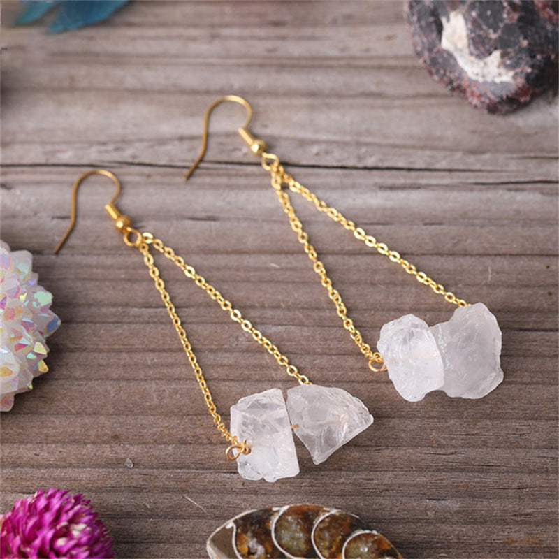 Olivenorma Natural Quartz Gravel Gold Chain Dangle Earrings