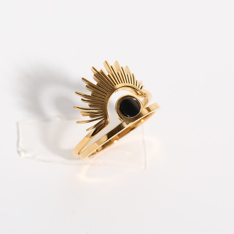 Olivenorma Black Onyx Sunflower 18k Gold Plated Stainless Steel Ring