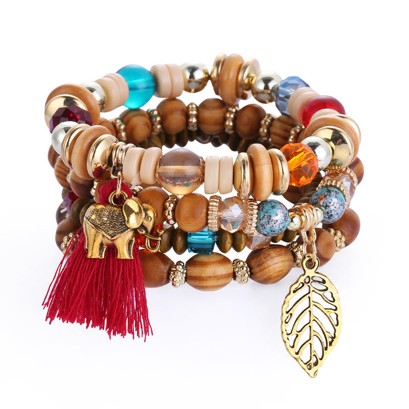 Olivenorma Bohemia Elephant Leaf Tassel Pendant Bracelet Set