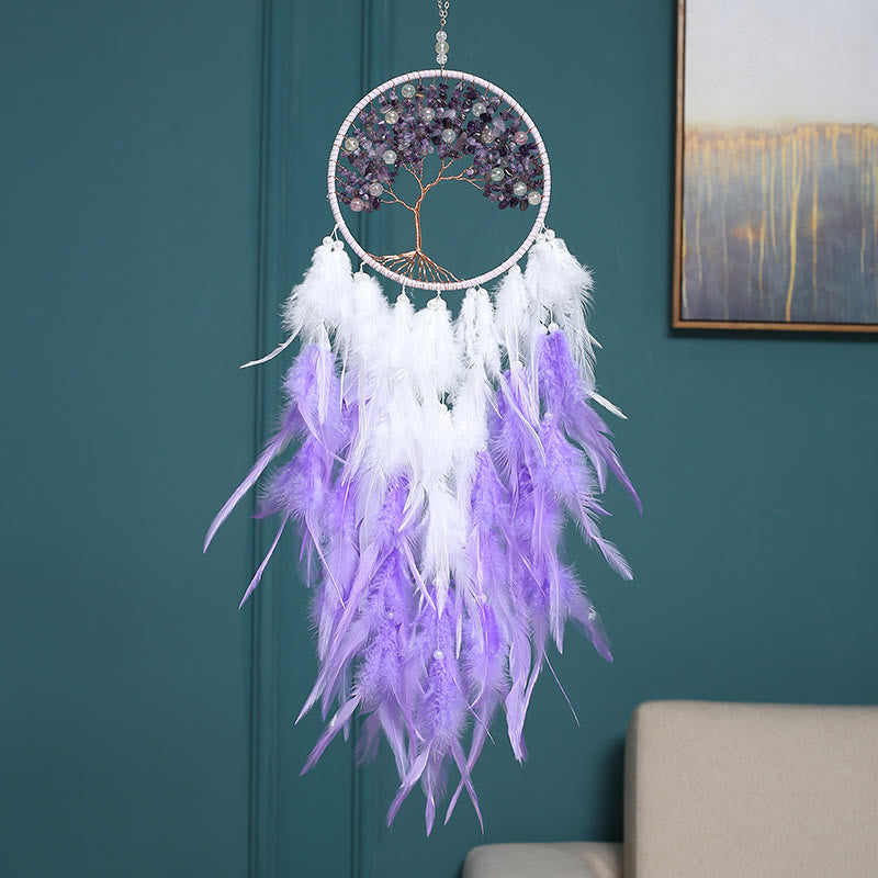 Olivenorma Crystal Tree of Life Pink Feather Dream Catcher