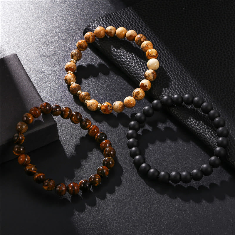 Olivenorma 3Pcs Picture Jasper Tiger Eye Black Onyx Beaded Bracelets