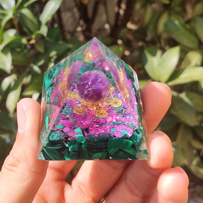 Olivenorma Amethyst Malachite Metatron's Cube Symbol Orgone Pyramid