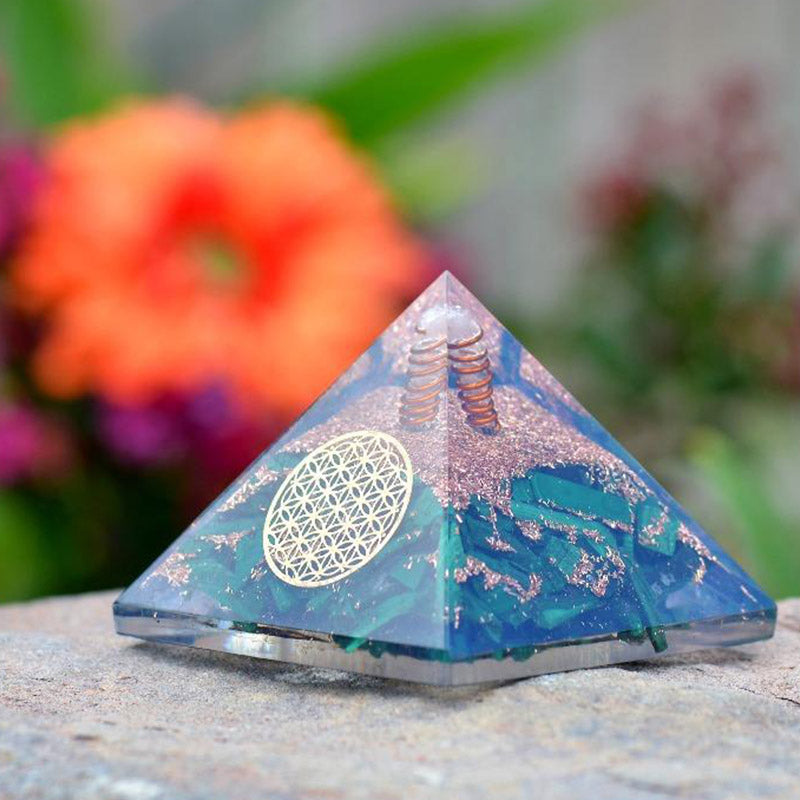 Olivenorma Malachite Flower Of Life Symbol Orgone Pyramid