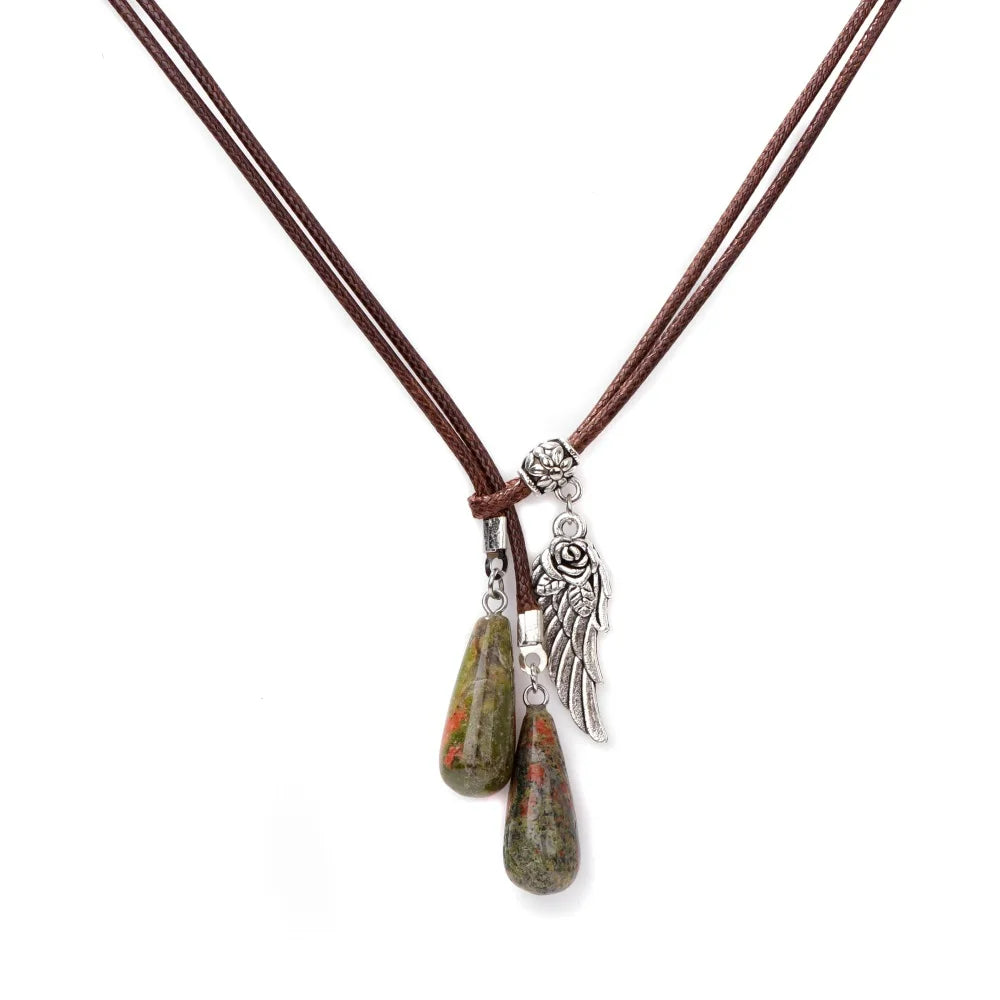 Olivenorma Leather Rope Wings Natural Stone Drop Pendant Necklace