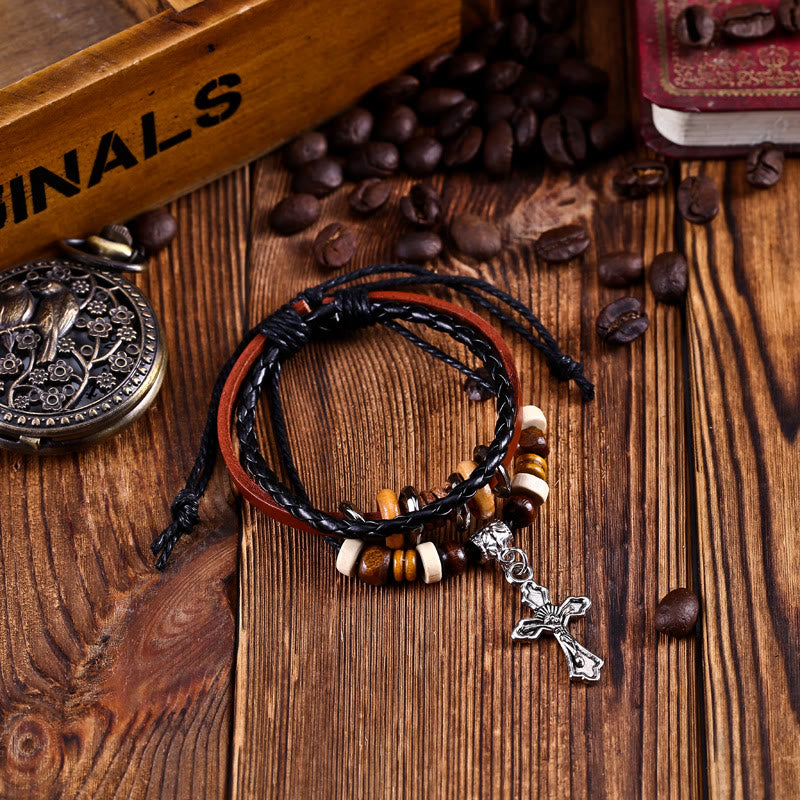 Olivenorma Cross Star Pendant Leather Braided Men Bracelet