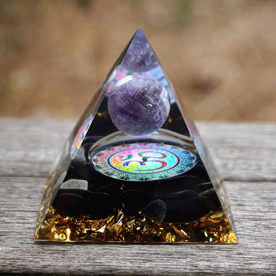 Olivenorma Natural Amethyst With Obsidian OM Symbol Orgone Pyramid