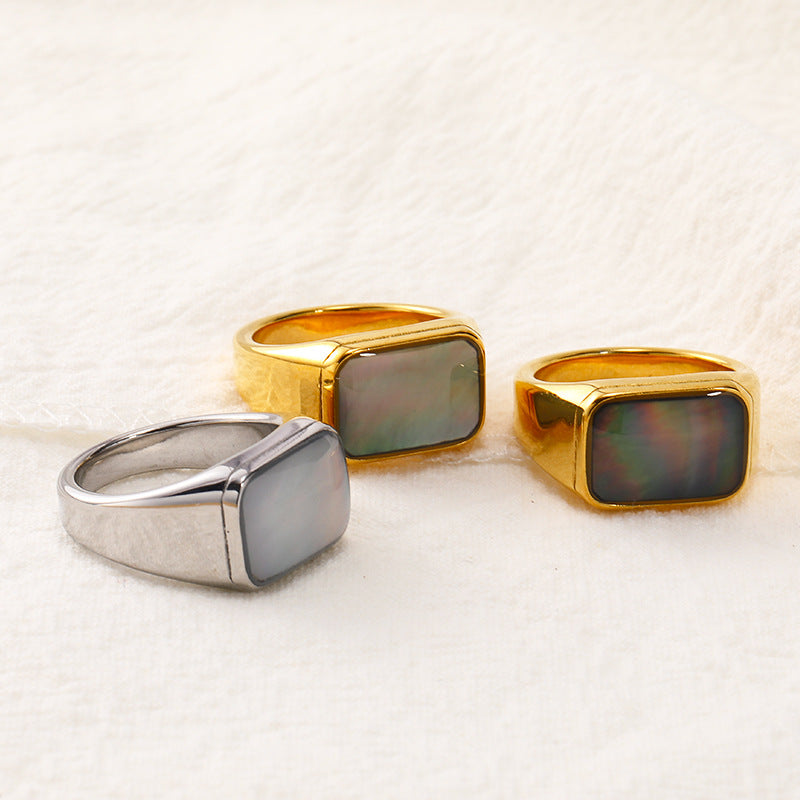 Olivenorma Rectangular Nacre Abalone Shell Titanium Steel Ring