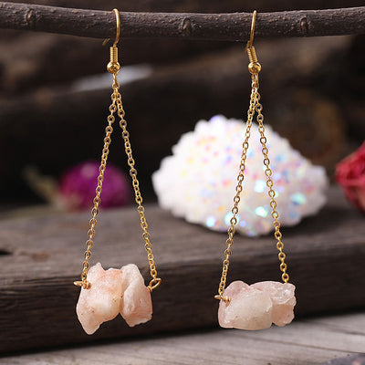 Olivenorma Natural Quartz Gravel Gold Chain Dangle Earrings