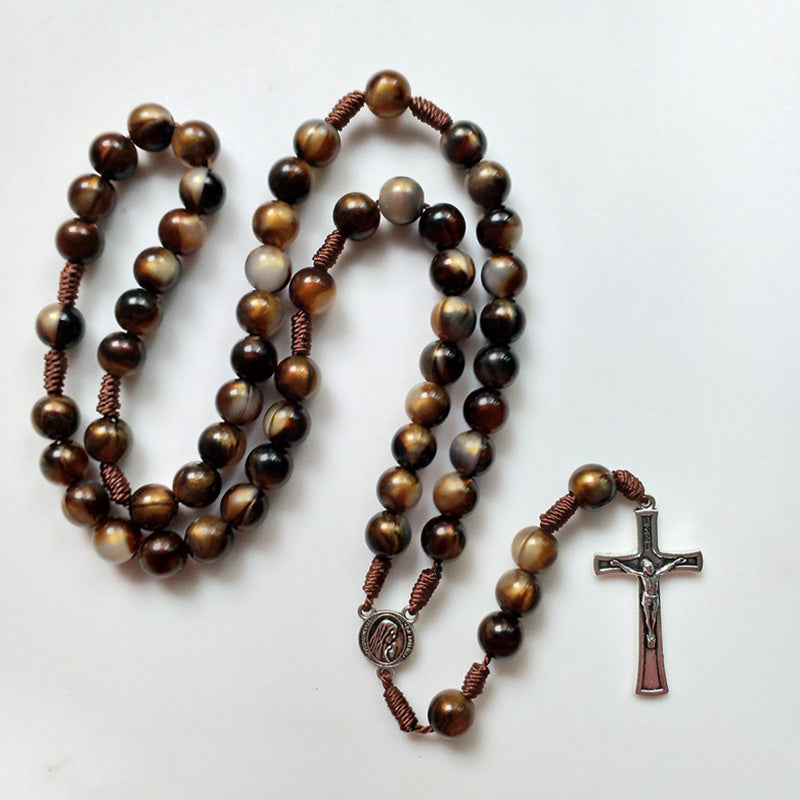 Olivenorma 10mm Agate Beads Jesus Cross Pendant Rosary Necklace