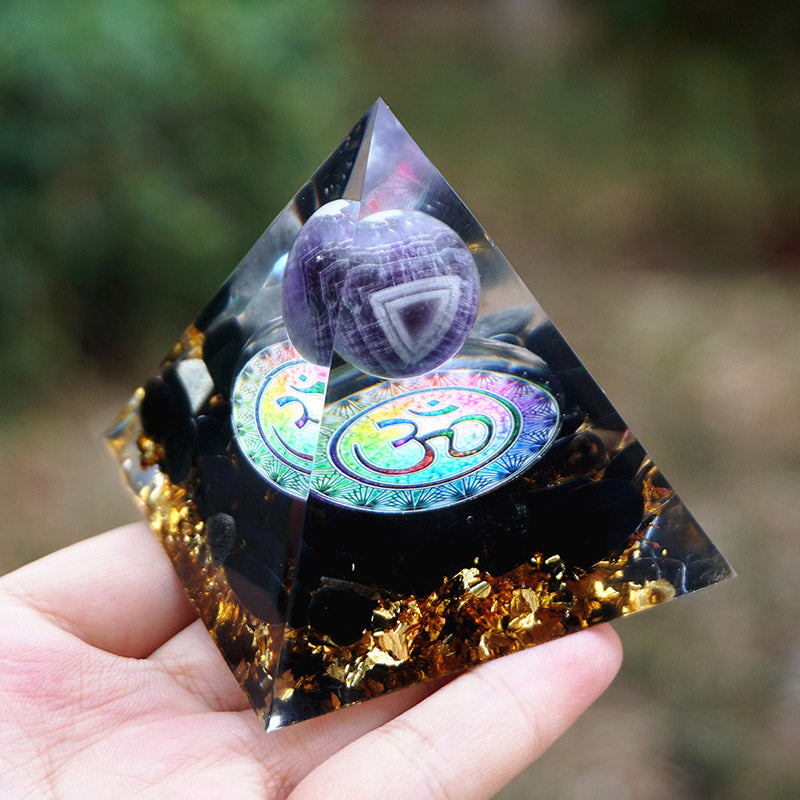 Olivenorma Natural Amethyst With Obsidian OM Symbol Orgone Pyramid