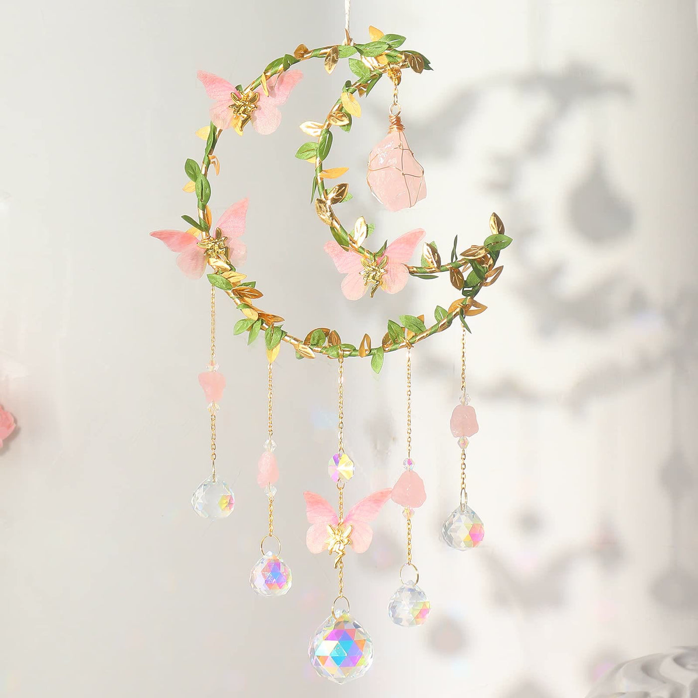 Olivenorma Rose Quartz Butterfly Good Luck Suncatcher Wind Chime