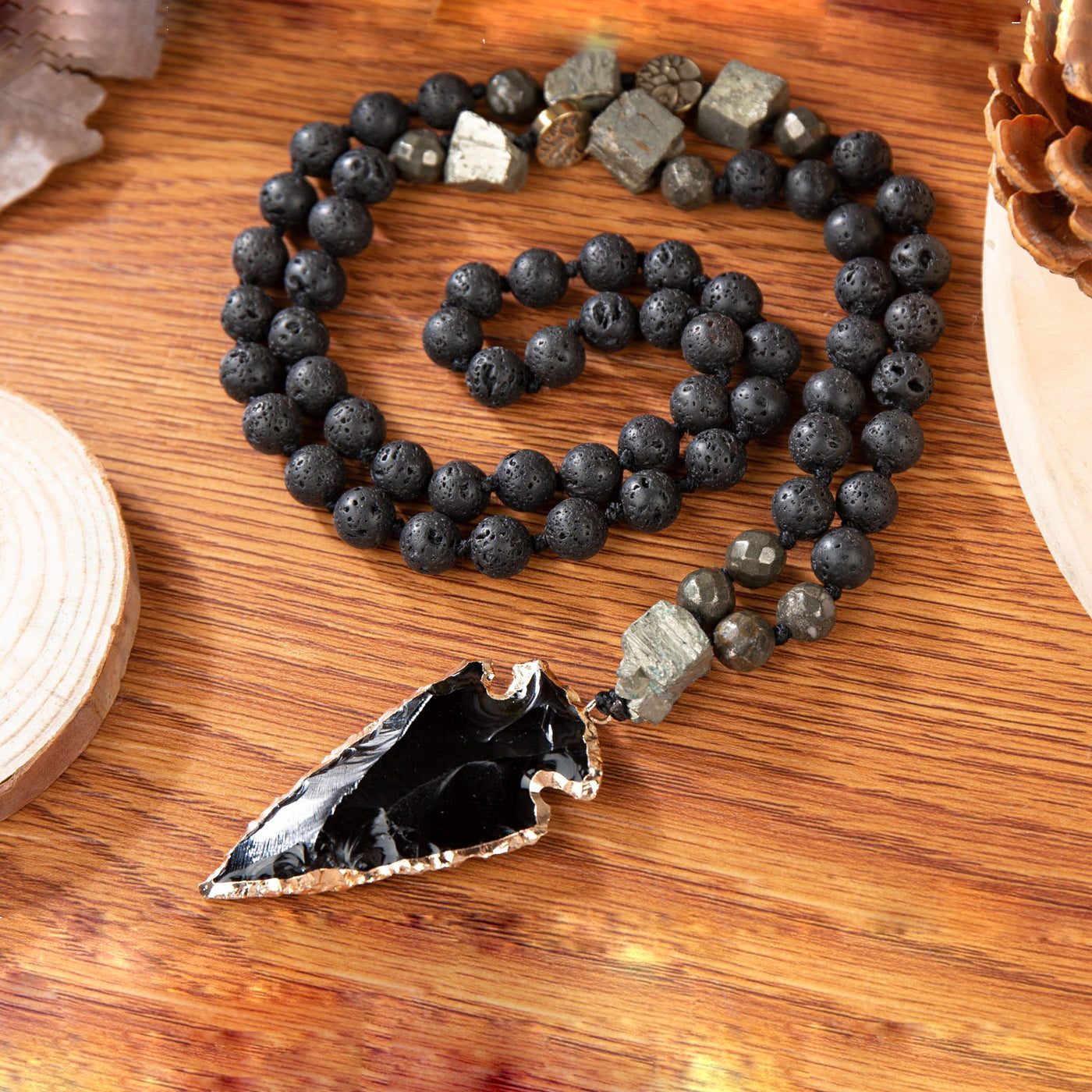 Olivenorma Obsidian Lava Stone Arrow Pendant Mala Necklace