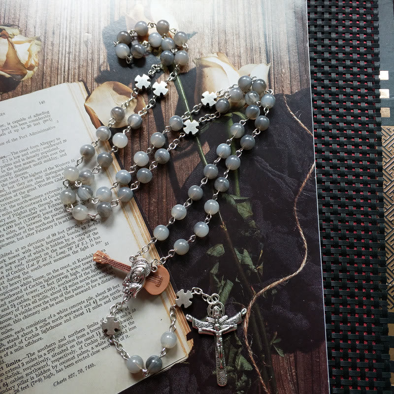 Olivenorma Gray Moonstone Silver Jesus Cross Rosary Necklace