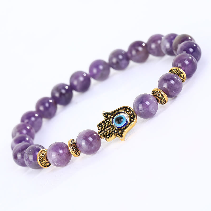 Olivenorma Natural Crystal Stone Beaded Evil Eye Hamsa Bracelet