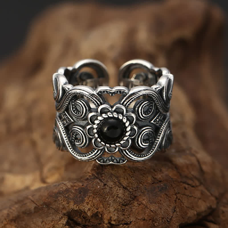 Olivenorma Ethnic Black Onyx Pattern Adjustable Ring