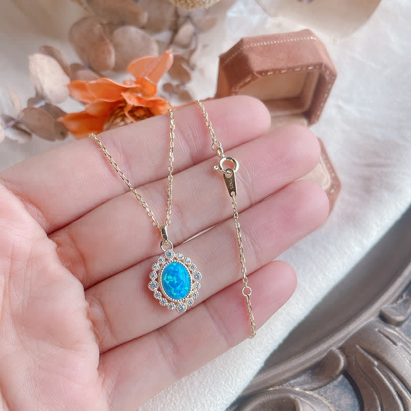 Olivenorma Blue Opal Oval Engraved Pendant Necklace