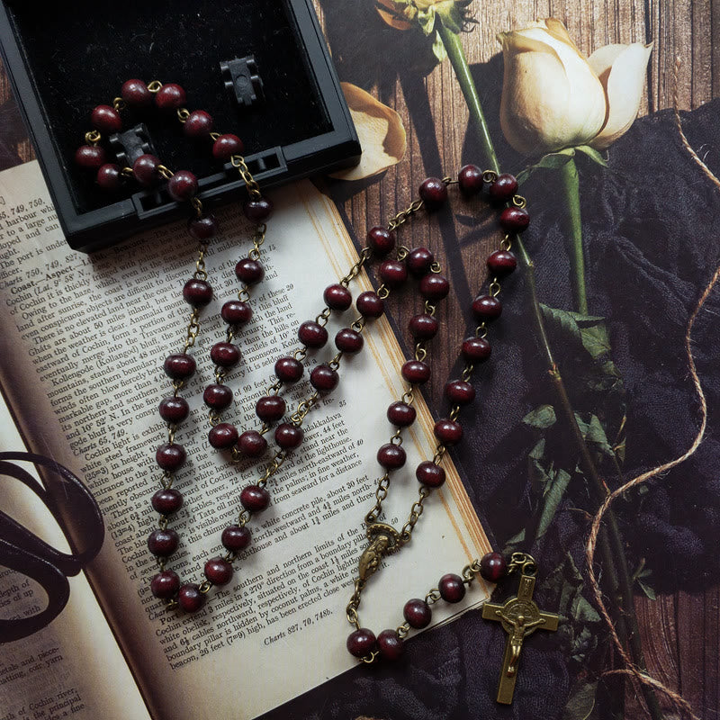 Olivenorma Wood Rosary Copper Cross Pendant Necklace