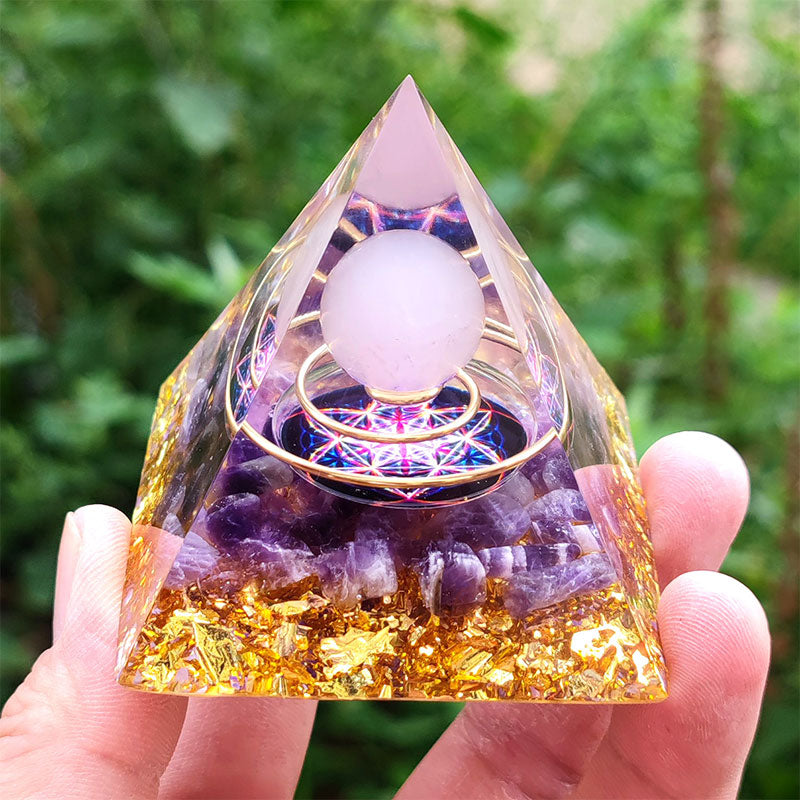 (Clearance 30% OFF / CODE: OFF30) - Olivenorma Amethyst with Rose Quartz Orgone Pyramid