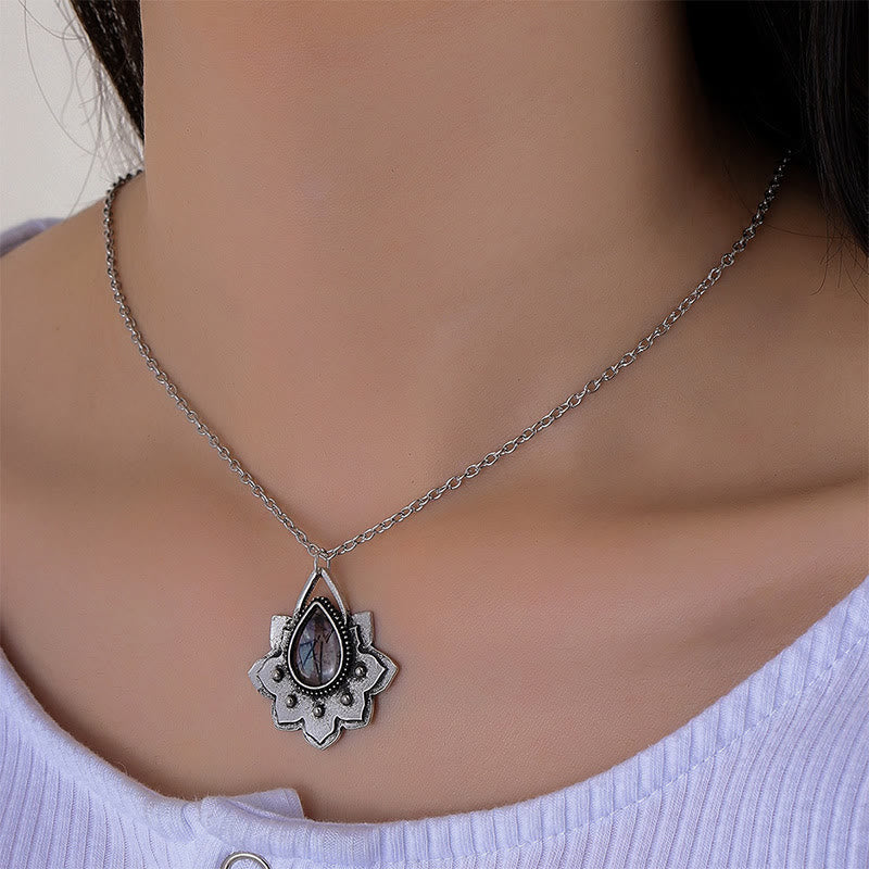 Olivenorma Double Lotus Drop Shaped Cat's Eye Stone Necklace