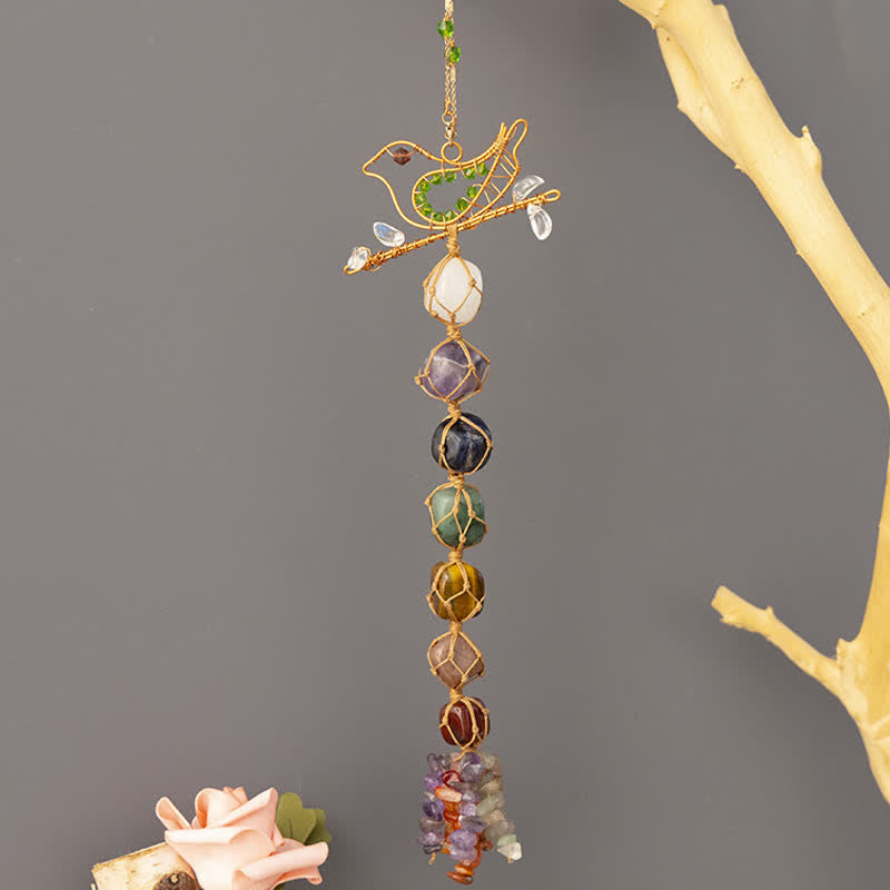 Olivenorma Chakra Stone Braided Wrap Bird Pendant Wind Chime