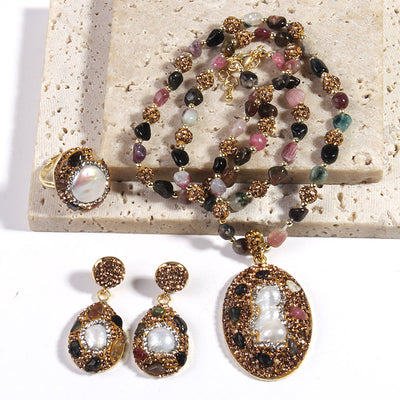 Olivenorma Morganite Tourmaline Freshwater Pearl Jewelry Set