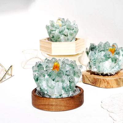 Olivenorma Green Phantom Quartz Solid Wood Base Crystal Cluster Decoration