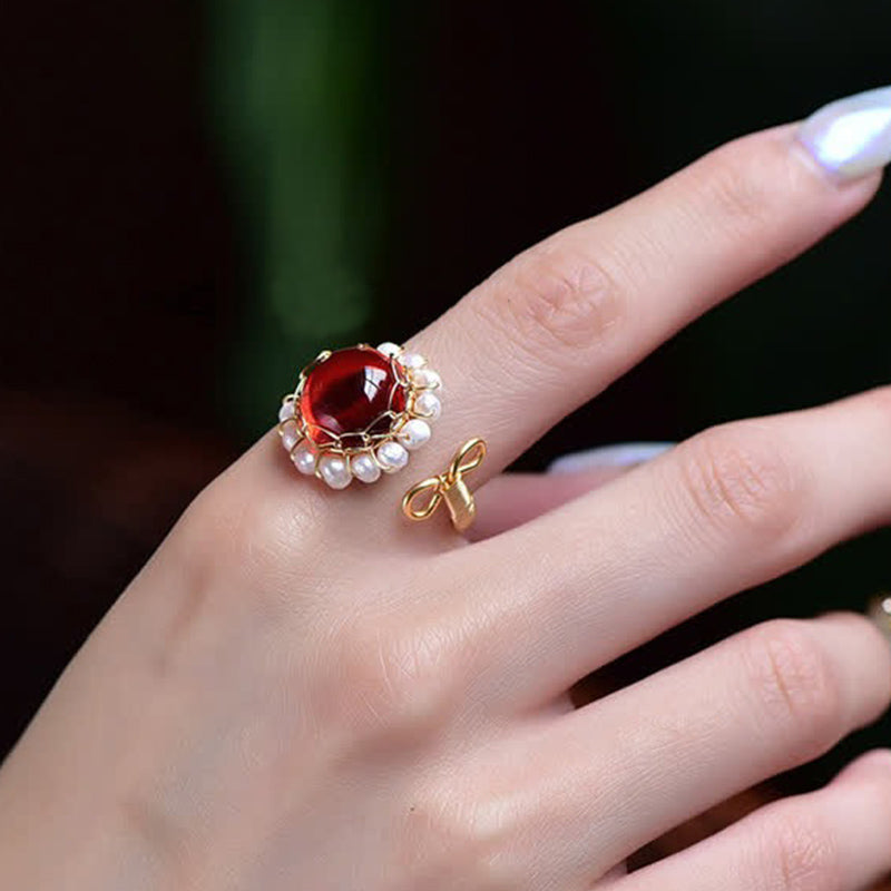 Red Quartz With Pearl Healing Ring