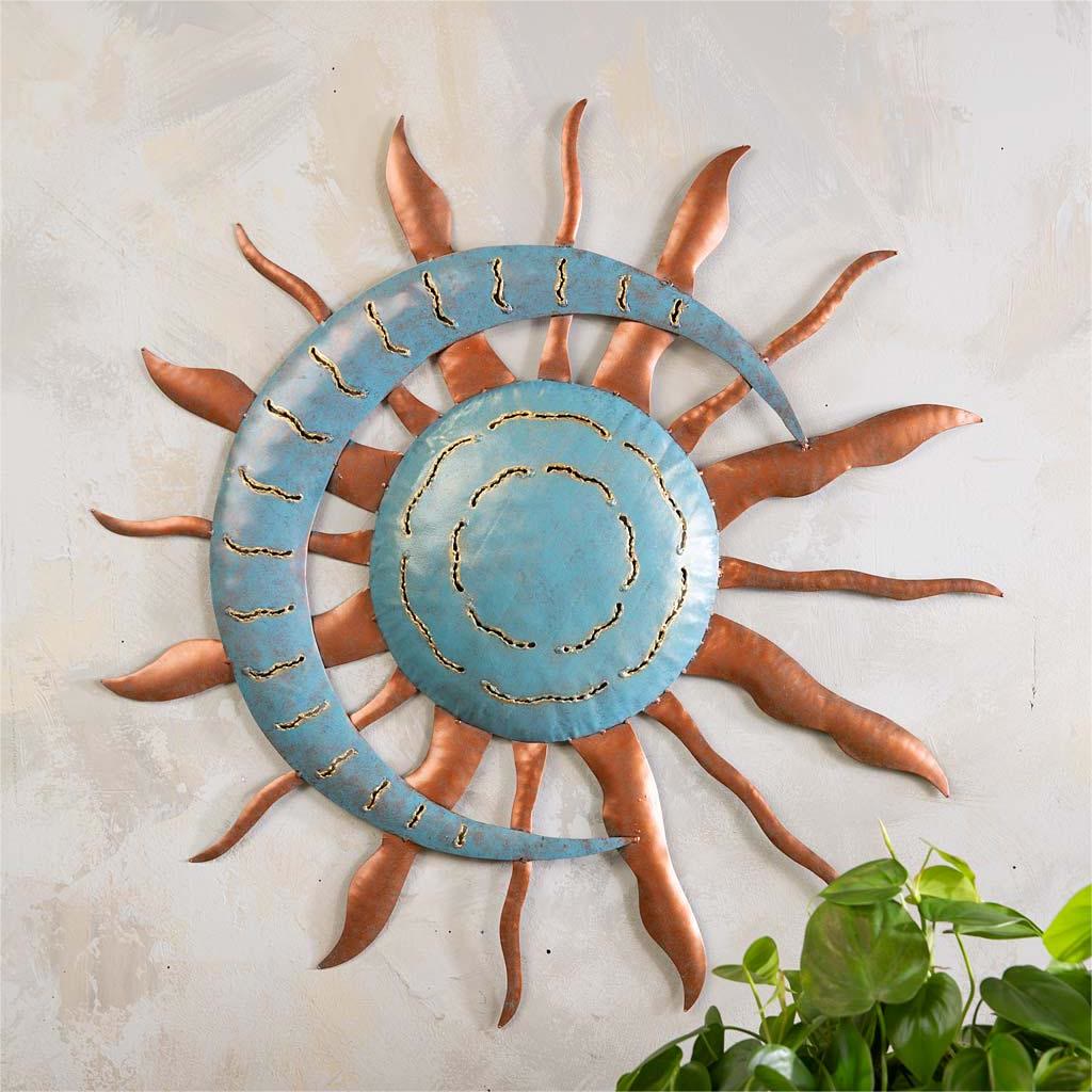 Olivenorma Handcrafted Blue Copper Moon Sun Metal Wall Decor