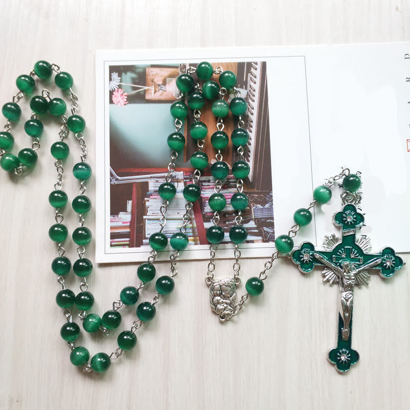 Olivenorma Green Cat's Eye Stone Cross Rosary Necklace