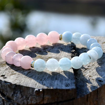 Olivenorma Natural Rose Quartz Aquamarine Beaded Elastic Bracelet