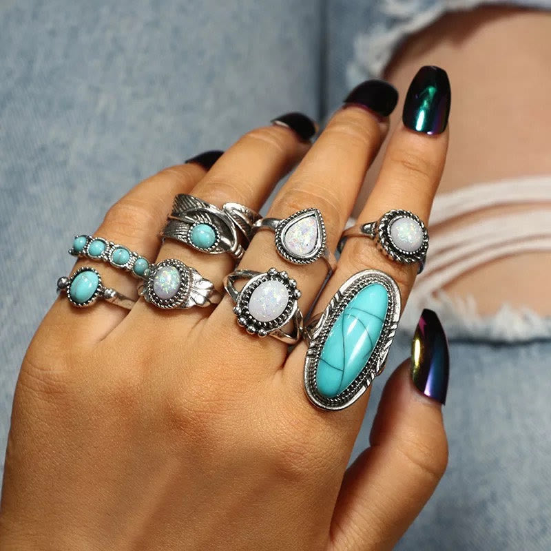 Olivenorma Opal Turquoise Elephant Leaf 8-Piece Ring Set