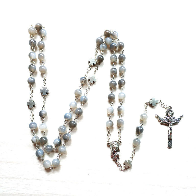 Olivenorma Gray Moonstone Silver Jesus Cross Rosary Necklace