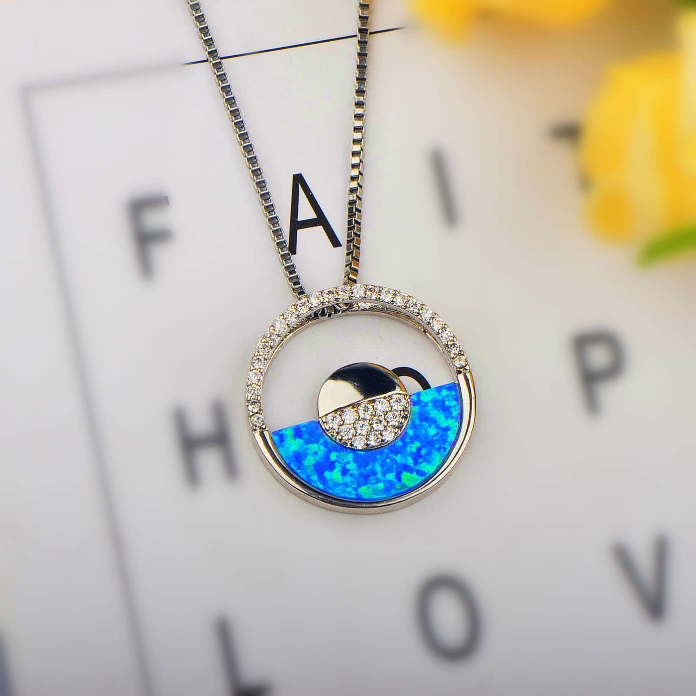 Olivenorma Hawaiian Blue Opal Round Pendant Necklace