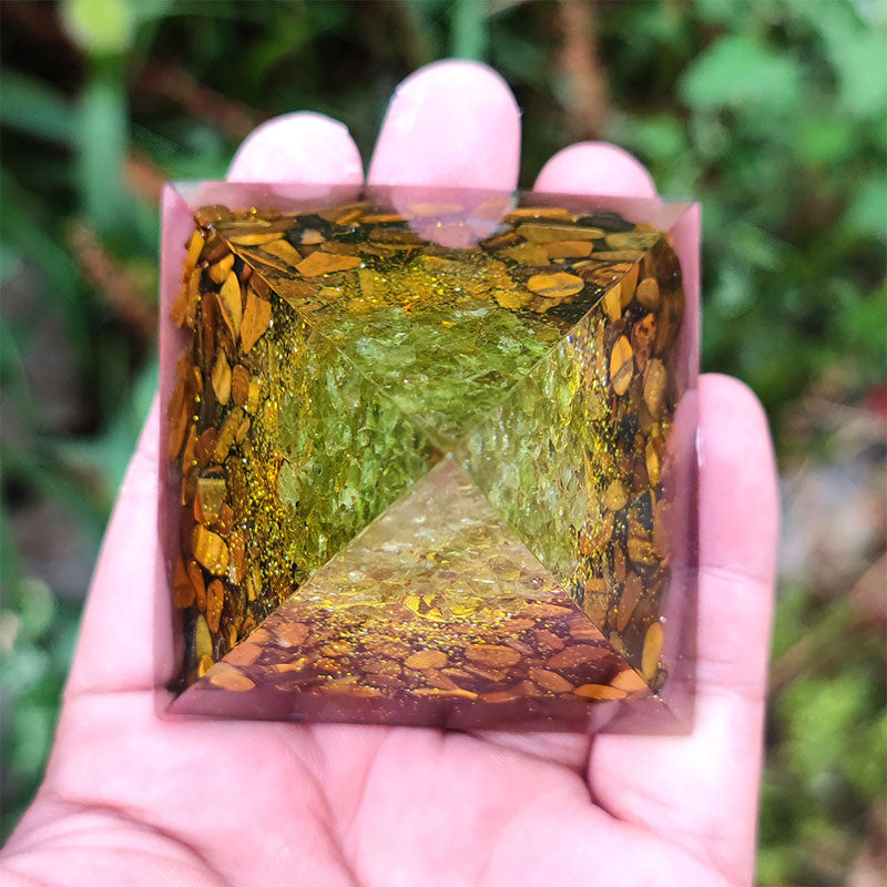 Olivenorma Tiger Eye with Peridot Tree Of Life Orgone Pyramid