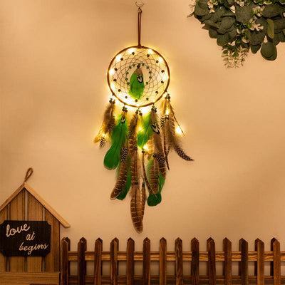 Olivenorma Natural Green Wooden Beads Peacock Feather Dream Catcher