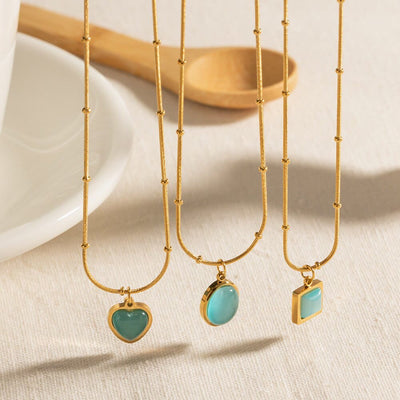 Olivenorma Blue Cat's Eye Stone Heart Square Pendant Necklace