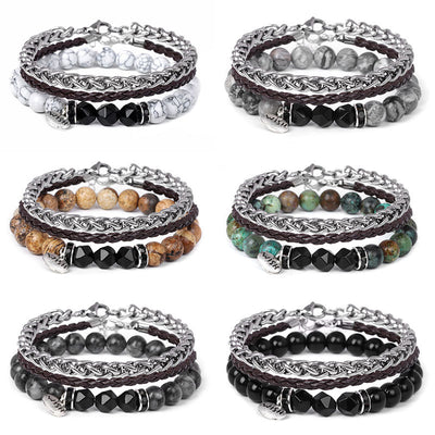 Olivenorma 3pcs Metal Bead Braided Leather Bracelet Set