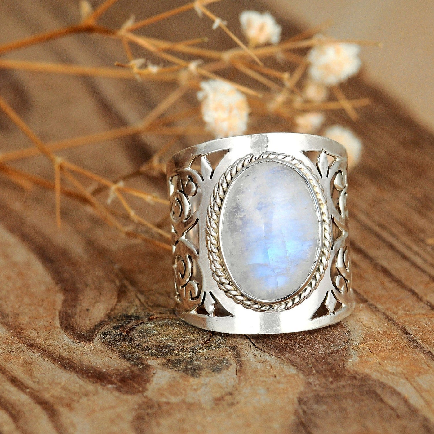 Olivenorma Large Moonstone Filigree Ring