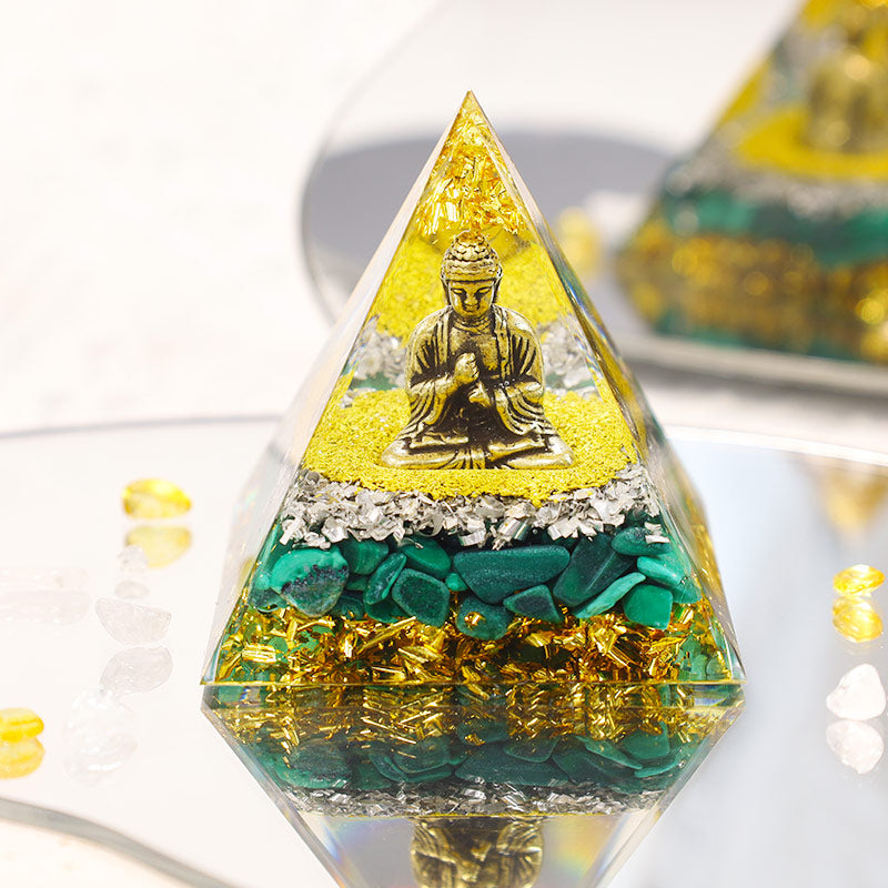 (Clearance 30% OFF / CODE: OFF30) - Olivenorma Malachite With Buddha Protection Orgone Pyramid