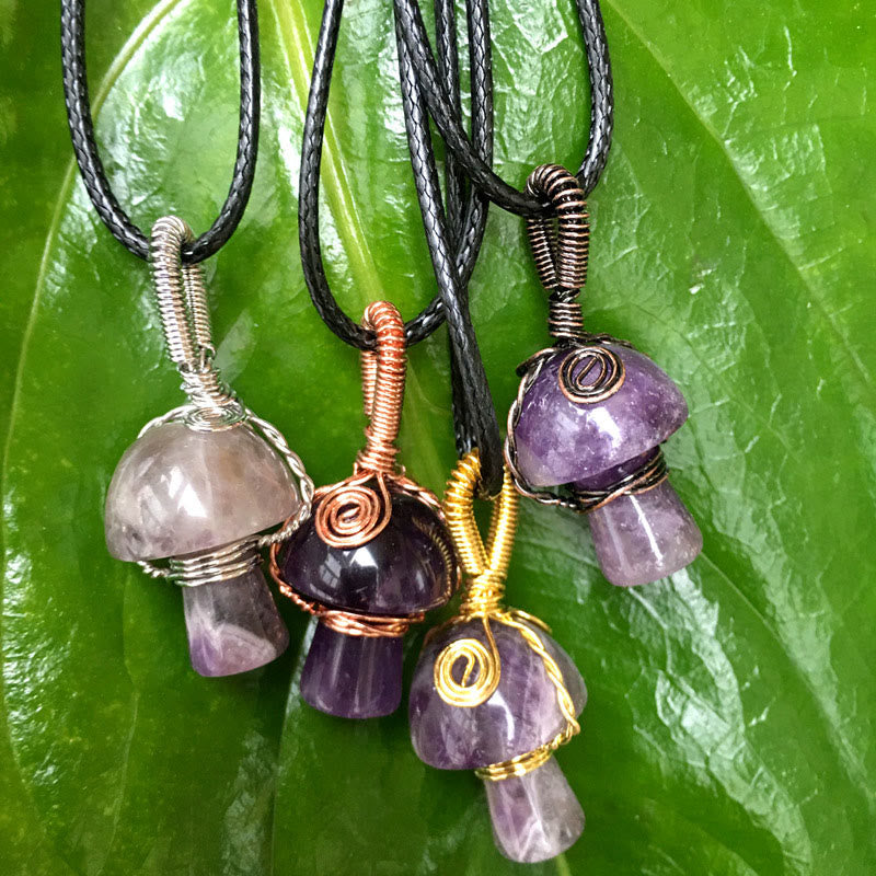 Olivenorma Hand Wound Natural Crystal Mushroom Necklace