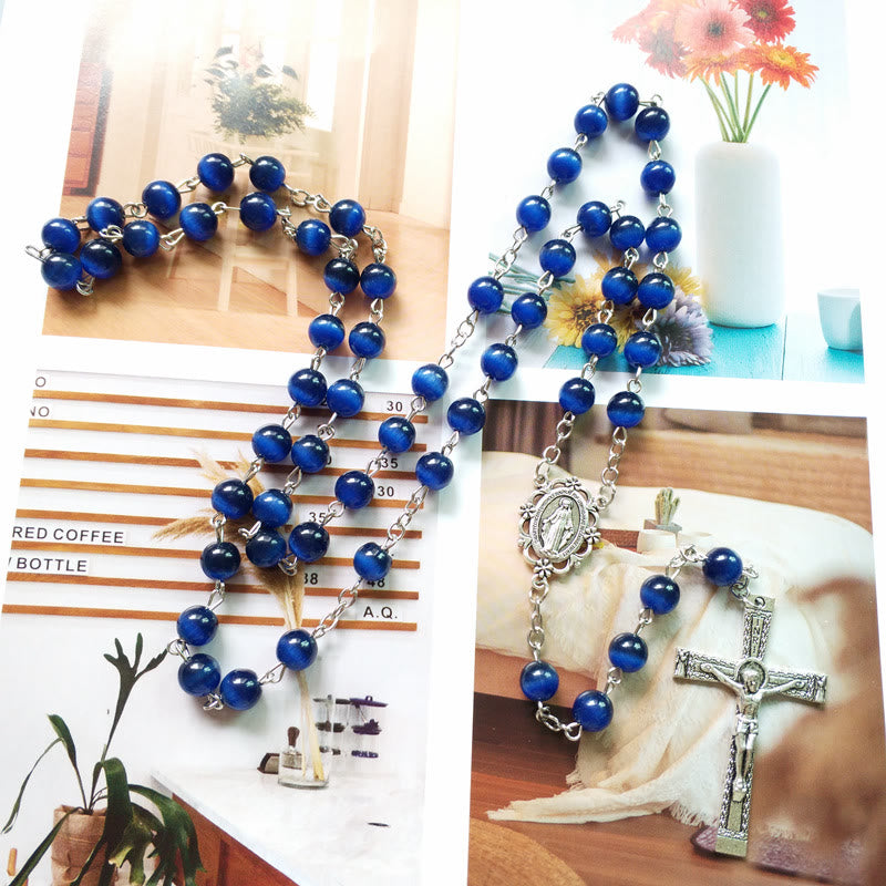 Olivenorma Blue Cat's Eye 8mm Stone Cross Rosary Necklace