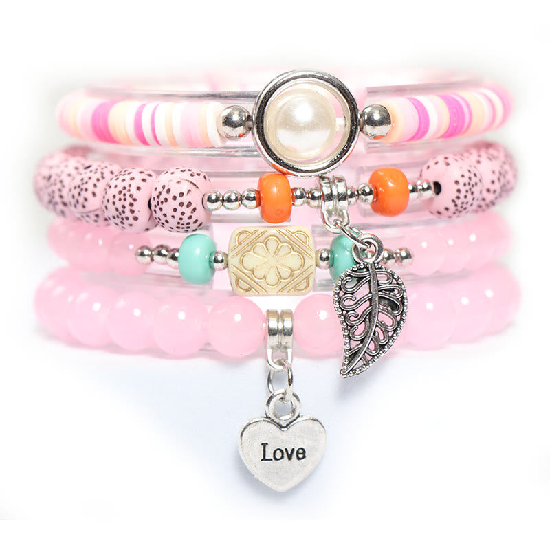 Olivenorma Leaf Heart Charm Beaded Pearl Bracelet Set