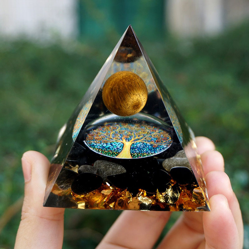 (Clearance 30% OFF / CODE: OFF30) - Olivenorma Tiger Eye Sphere & Obsidian Protection Orgone Pyramid