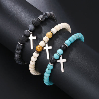 Olivenorma Mens Bohemian Natural Stone Beaded Cross Bracelet