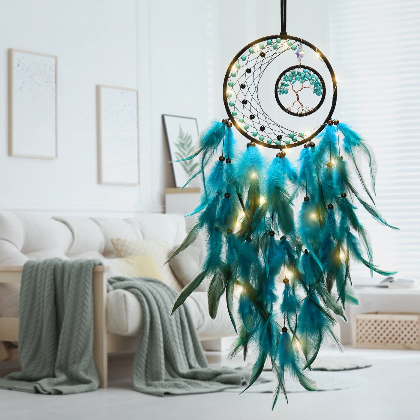 Olivenorma LED Turquoise Tree Of Life Feather Dream Catcher