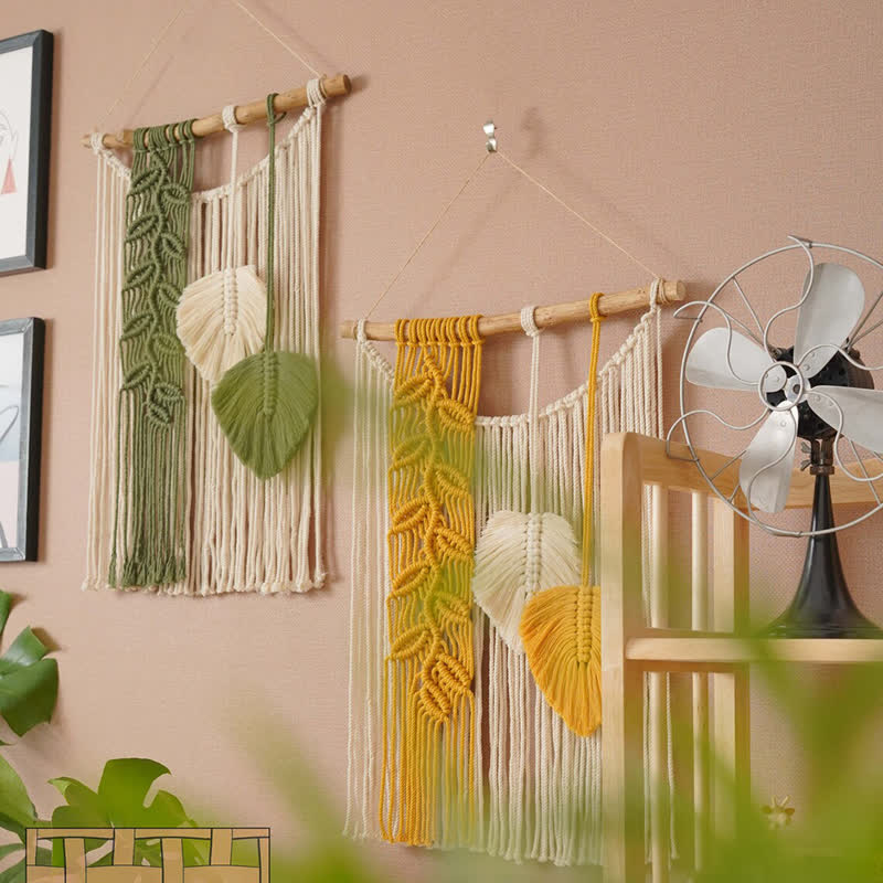 Olivenorma Handwoven Yellow Green Leaves Tassel Wall Decor