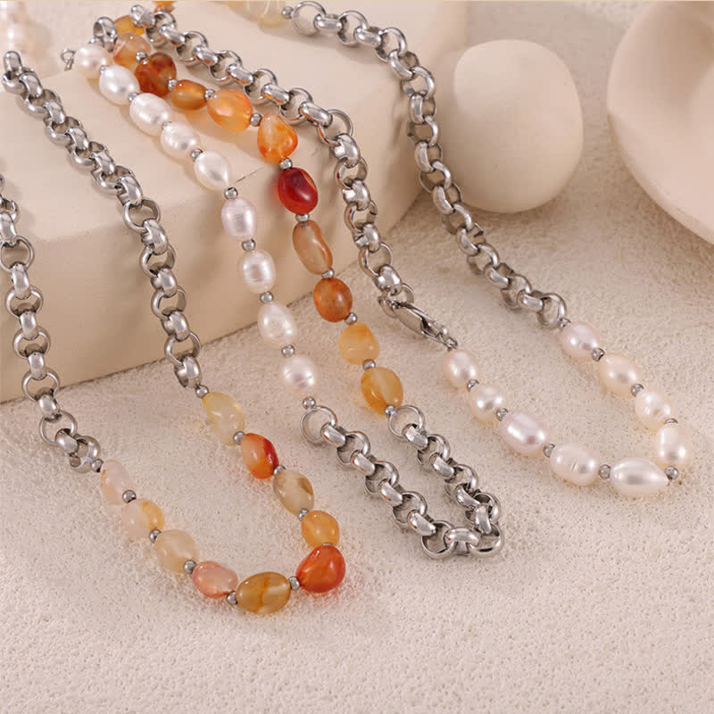 Olivenorma Carnelian Freshwater Pearl Titanium Steel Necklace